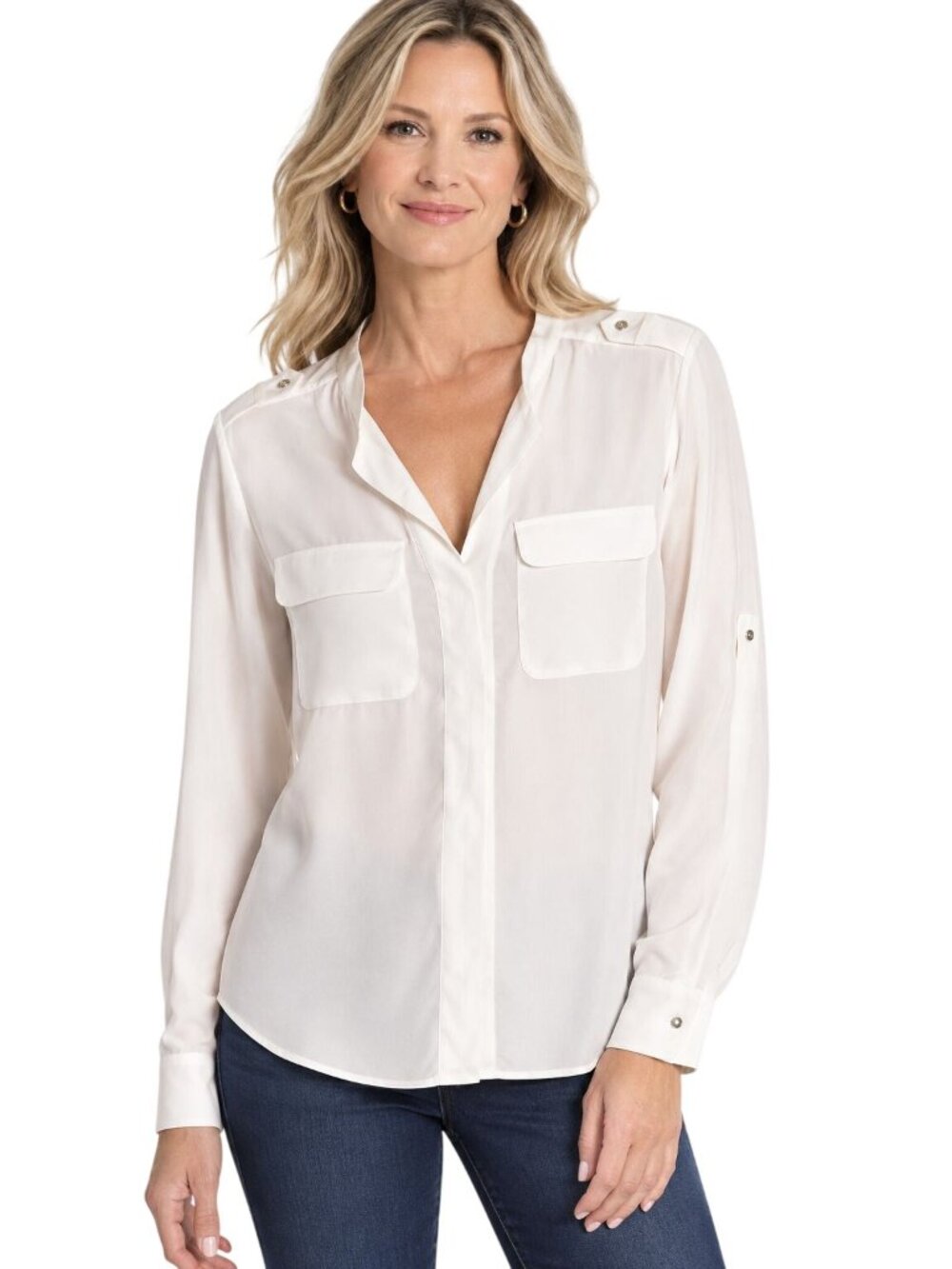 Banana Republic ivory Gold Button Silk Popover Blouse Epaulets Roll Tab Size S